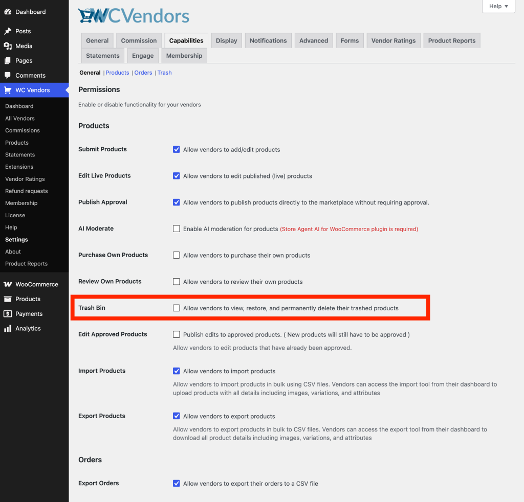 wc-vendors-trash_bin-settings - WC Vendors WC Vendors → Settings → Capabilities → General section, scrolled to the Products heading, with the Trash Bin checkbox highlighted and checked