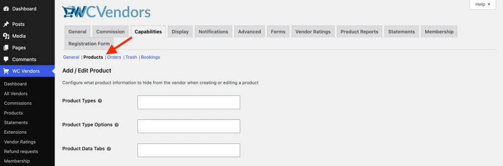 wcv - capabilities - products - product visibility - WC Vendors WC Vendors → Settings → Capabilities tab with the Products sub-navigation item highlighted.