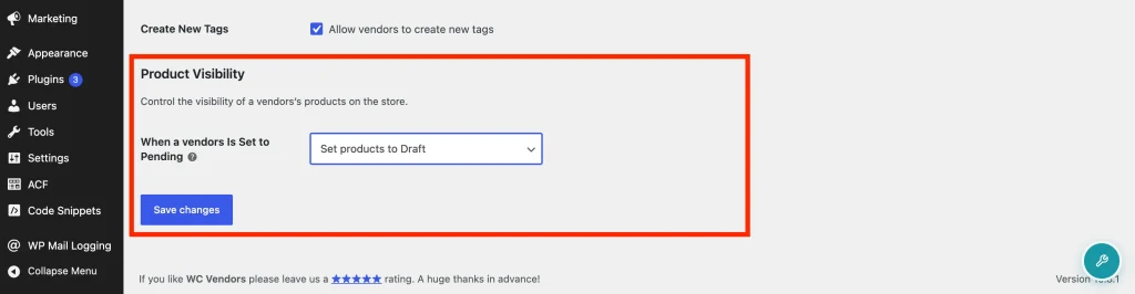 wcv - capabilities - products - product visibility when pending - WC Vendors WC Vendors → Settings → Capabilities → Products tab showing the Product Visibility section, with the "When a Vendor Is Set to Pending" dropdown set to "Set products to Draft"