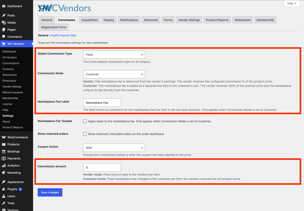 WC Vendors Pro Commission settings page showing Commission Mode set to Customer, Marketplace Fee Label field, Marketplace Fee Taxable checkbox, and Commission amount field
