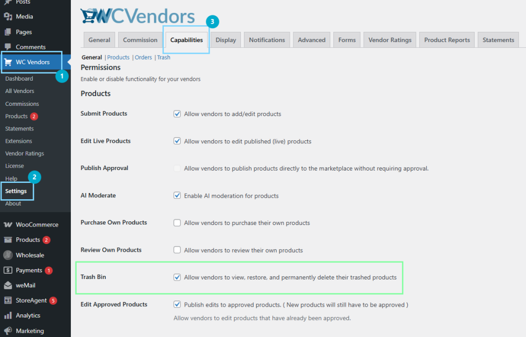 wcv-trash-bin-setting - WC Vendors Admin WC Vendors settings: Capabilities tab with Trash Bin option checked to allow vendors to view, restore, and delete trashed products