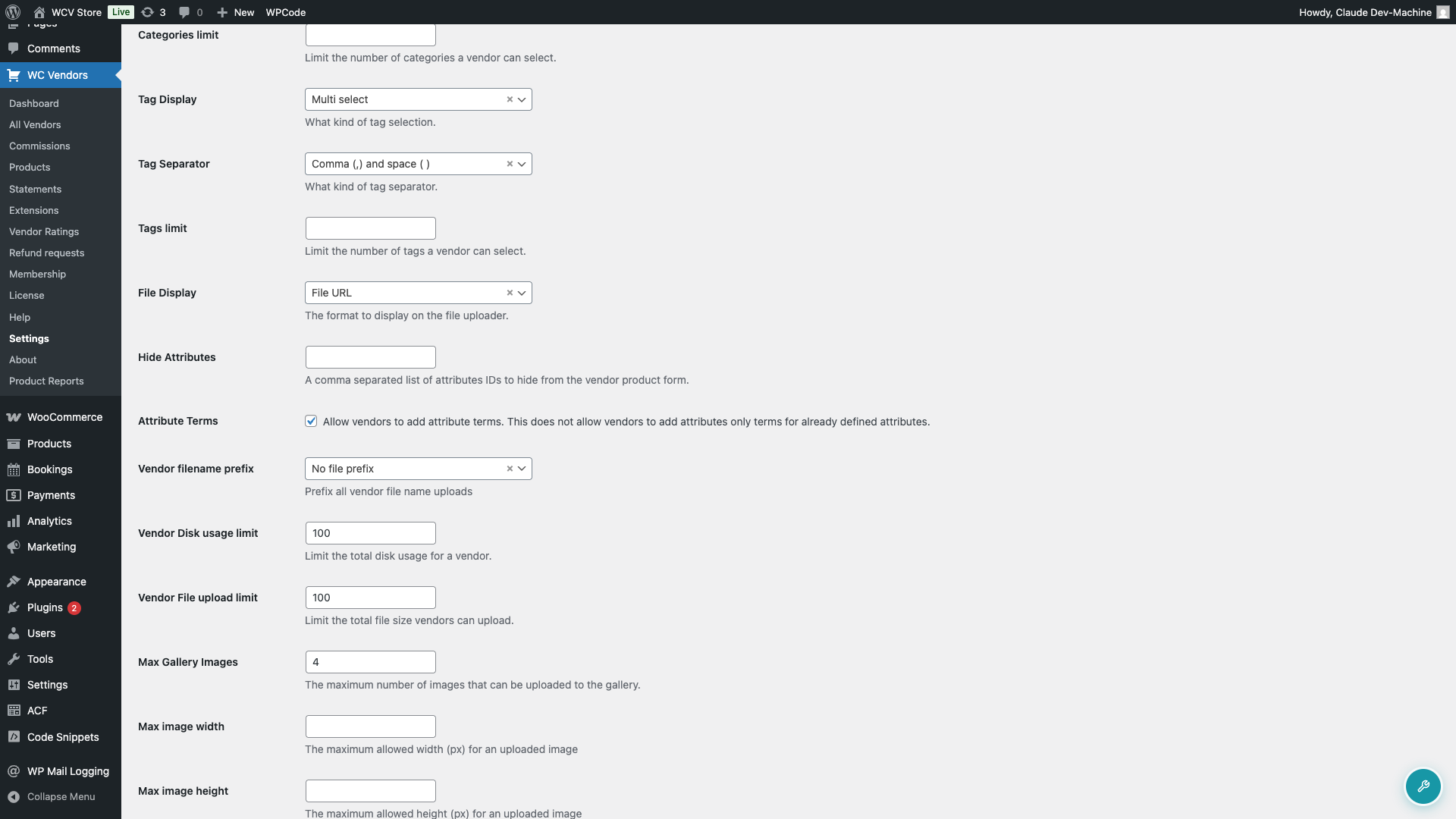 wcv-vendor-forms-product-attribute-terms-setting - WC Vendors The Product section of WC Vendors > Settings > Forms, showing the Attribute Terms checkbox ticked