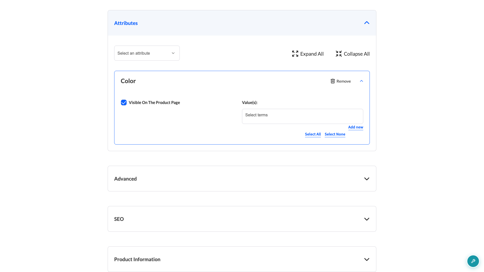 wcv-vendor-product-form-attributes-add-new-button - WC Vendors The attributes section of the vendor product form, showing the Add new button next to the attribute values list