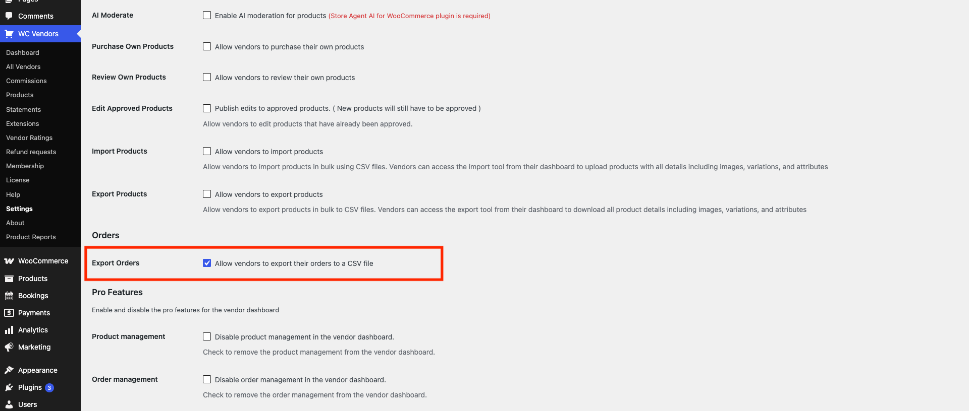 wcvendors-capabilities-orders-export-setting - WC Vendors Vendor dashboard: Export Orders option with CSV export enabled for vendors (checkbox checked).Visual: highlighted row in settings panel.