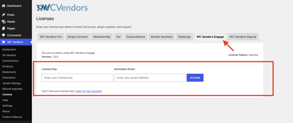 wcvendors-engage-license-form-inactive - WC Vendors WC Vendors License settings page showing the WC Vendors Engage tab selected
