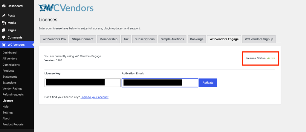 wcvendors-engage-license-status-active - WC Vendors License Status showing "Active" in green on the WC Vendors Engage tab