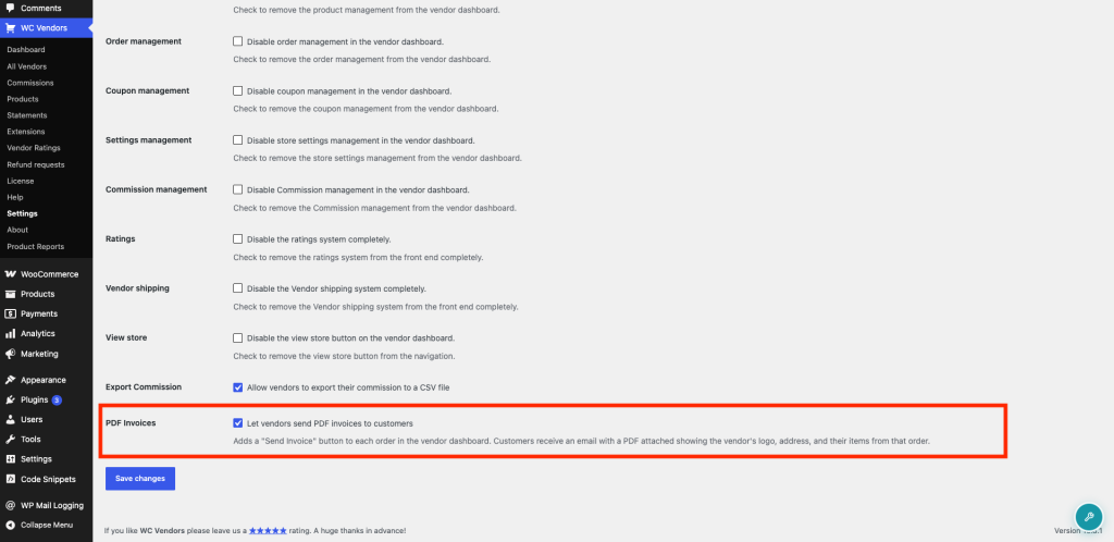 wcvendors-pdf-invoices-capabilities-orders-settings - WC Vendors WC Vendors Settings Capabilities tab, General view, Pro Features section with the PDF Invoices checkbox checked