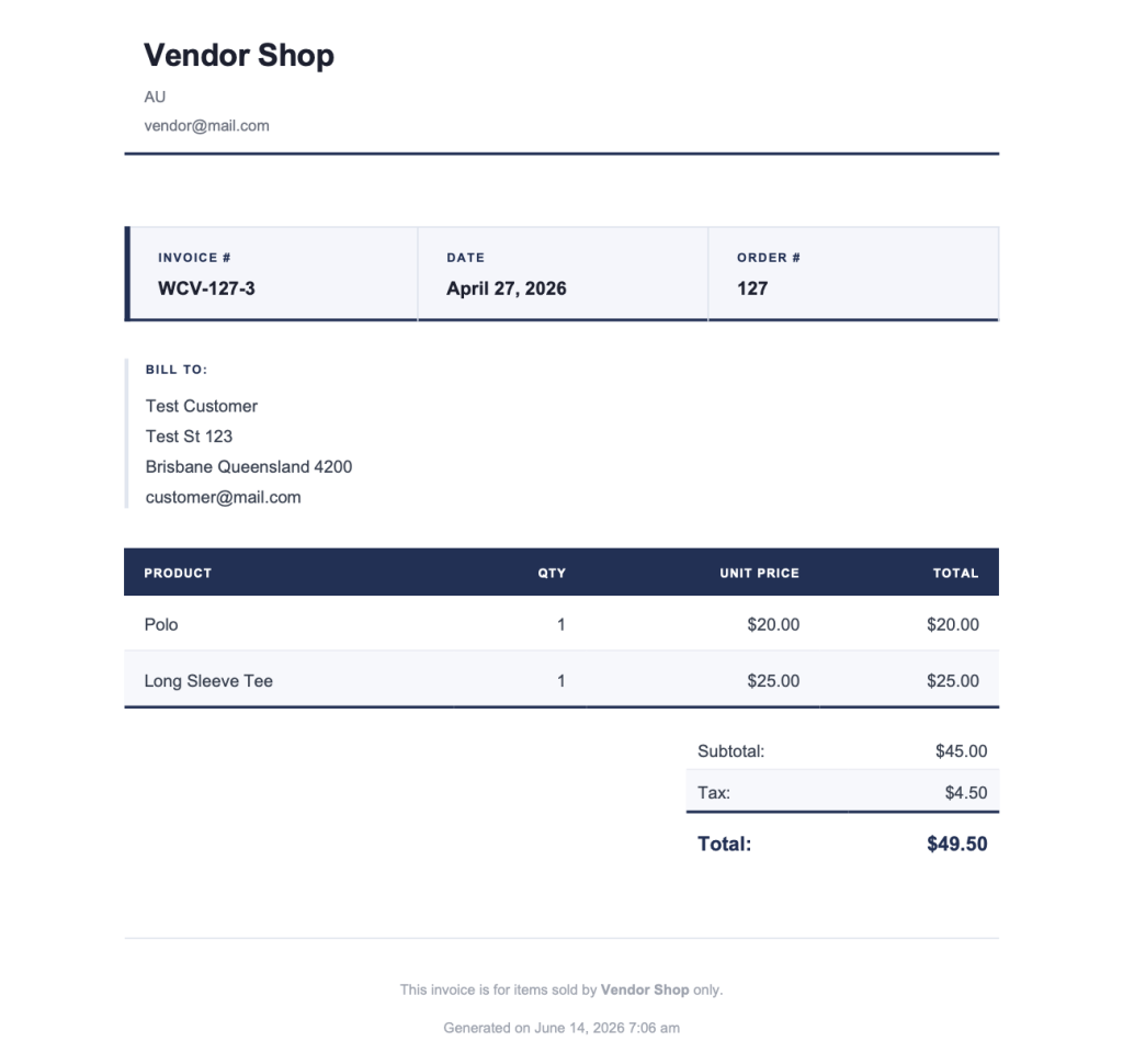 wcvendors-pdf-invoices-sample - WC Vendors Sample PDF invoice showing vendor details, customer billing address, product table, and totals