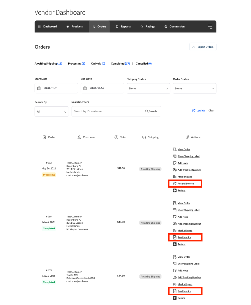 wcvendors-pdf-invoices-vendor-dashboard-send-invoice - WC Vendors Vendor dashboard Orders page with the Send Invoice and Resend Invoice buttons visible in an order row