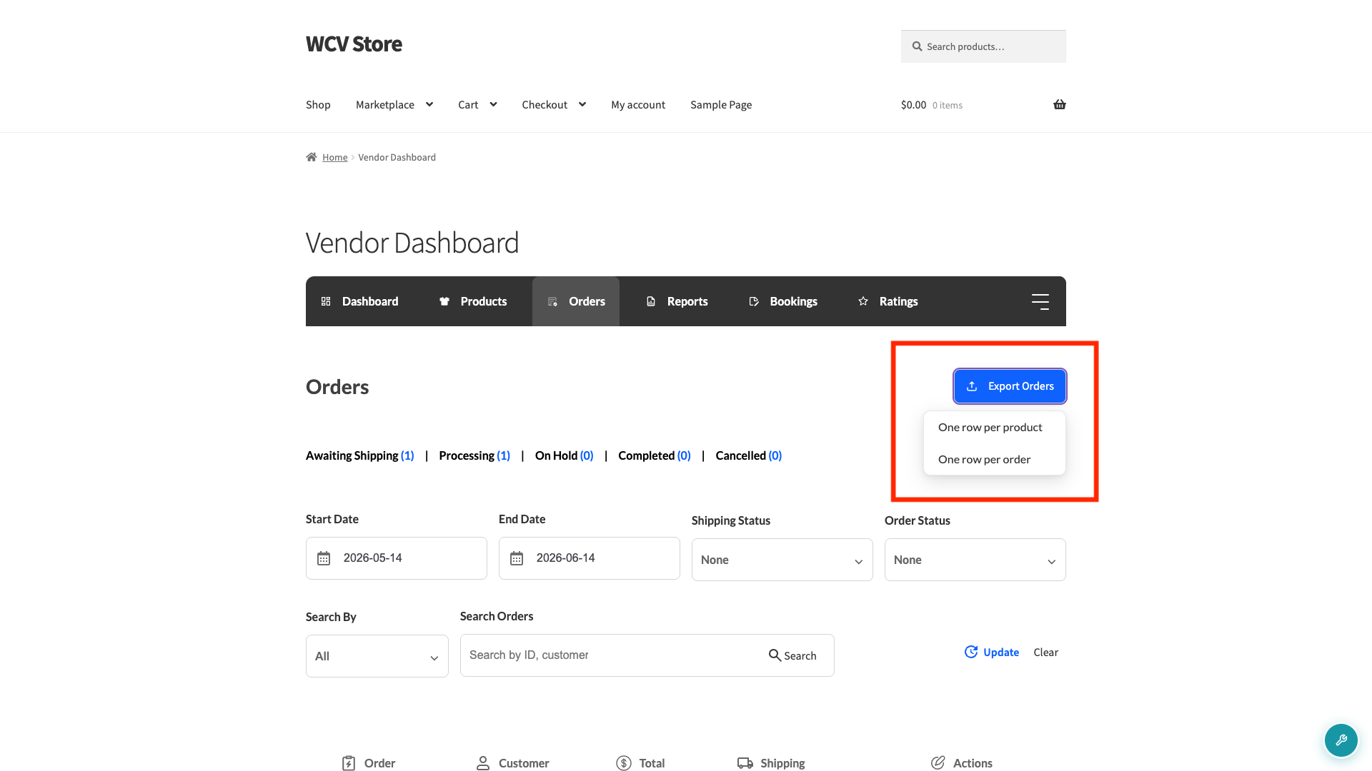 wcvendors-vendor-dashboard-export-orders-dropdown - WC Vendors Vendor Dashboard page showing a dark top navigation bar and a blue 'Export Orders' button highlighted by a red outline box. A small drop-down card reads 'One row per product' and 'One row per order' underneath.