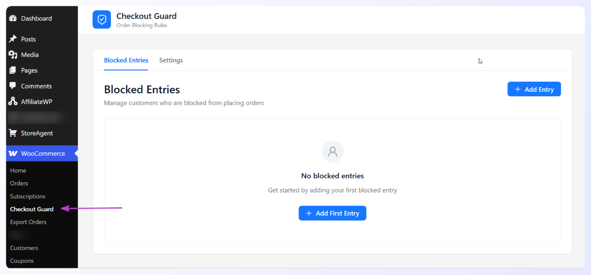 Checkout-guard-woocommerce - WC Vendors Checkout Guard admin screen showing the Blocked Entries and Settings tabs