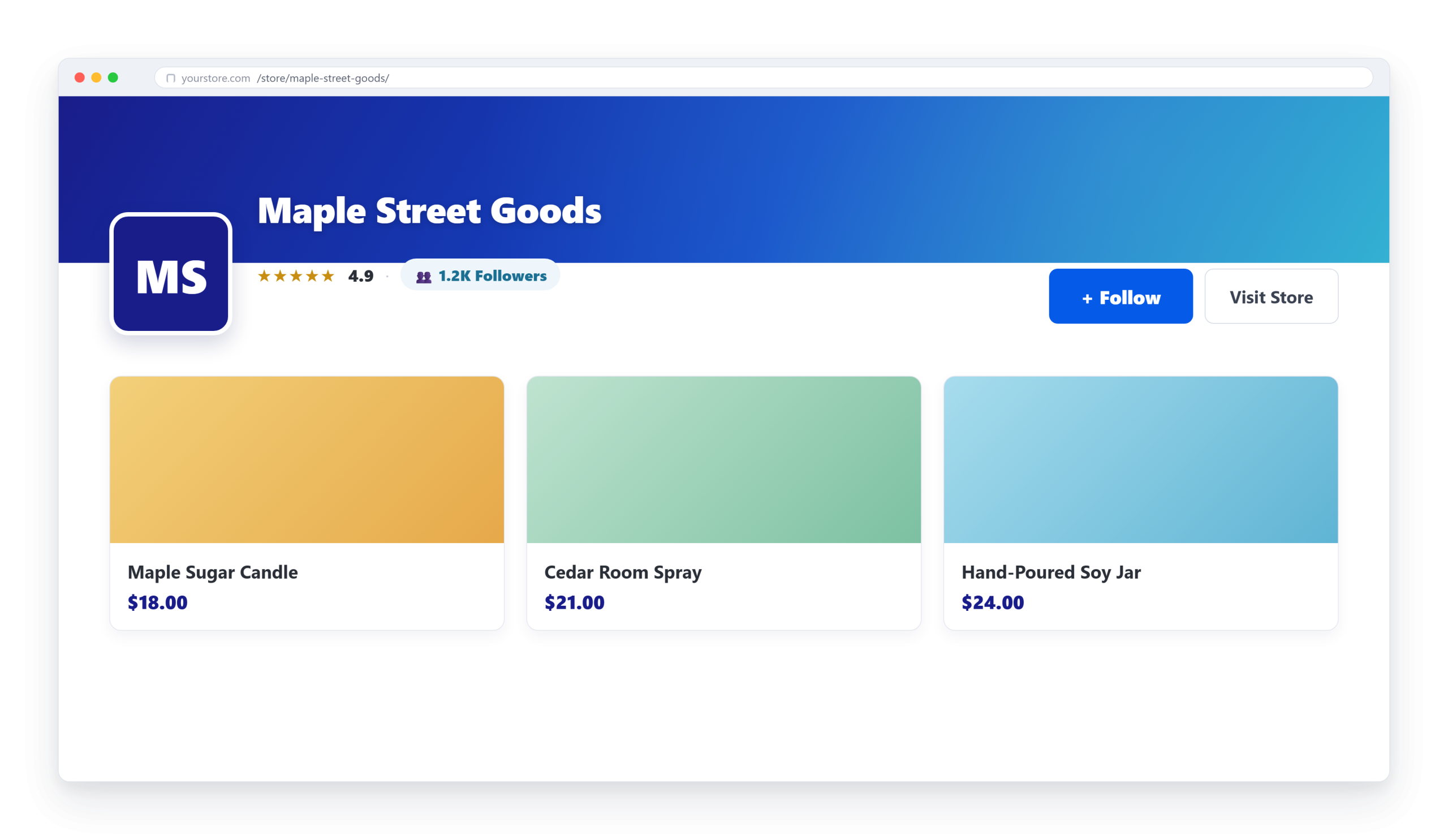 Maple Street Goods storefront header with blue gradient banner, square logo, Follow/Visit buttons, and three product cards showing Maple Sugar Candle (), Cedar Room Spray (), and Hand-Poured Soy Jar ().