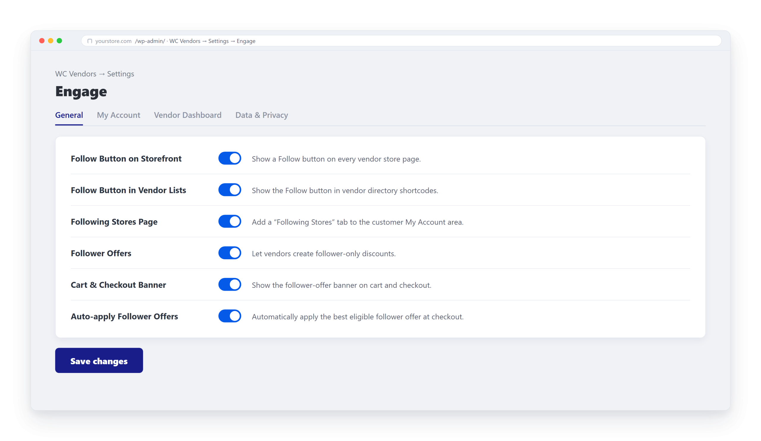 Engage settings page in WC Vendors showing toggle options such as Follow Button on Storefront, Follow Button in Vendor Lists, Following Stores Page, Follower Offers, Cart & Checkout Banner, Auto-apply Follower Offers, and a Save changes button.
