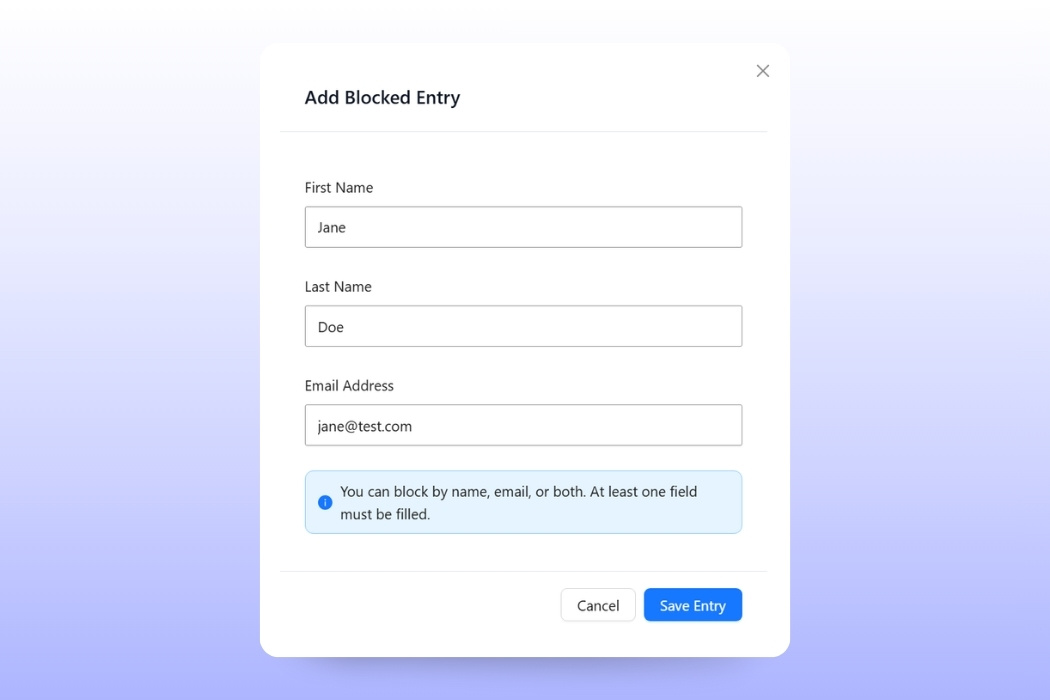 add-blocked-entry-checkout-guard - WC Vendors Add Blocked Entry dialog with First Name, Last Name, Email Address and IP Address fields