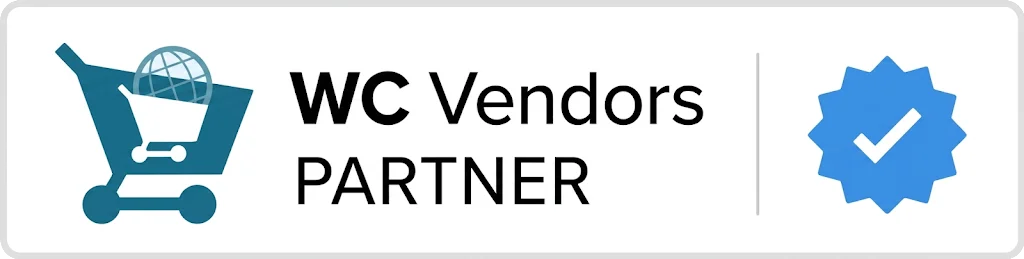 WC Vendors Partner badge with teal shopping cart and globe icon, a divider, and a blue checkmark on the right.