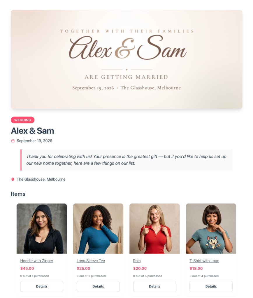 save-to-wishlist-registry-landing-page-new-product-thumbnails - WC Vendors Banner per invito di matrimonio per Alex & Sam che annuncia il loro matrimonio con uno sfondo sfumato beige tenue e nomi eleganti in corsivo.
