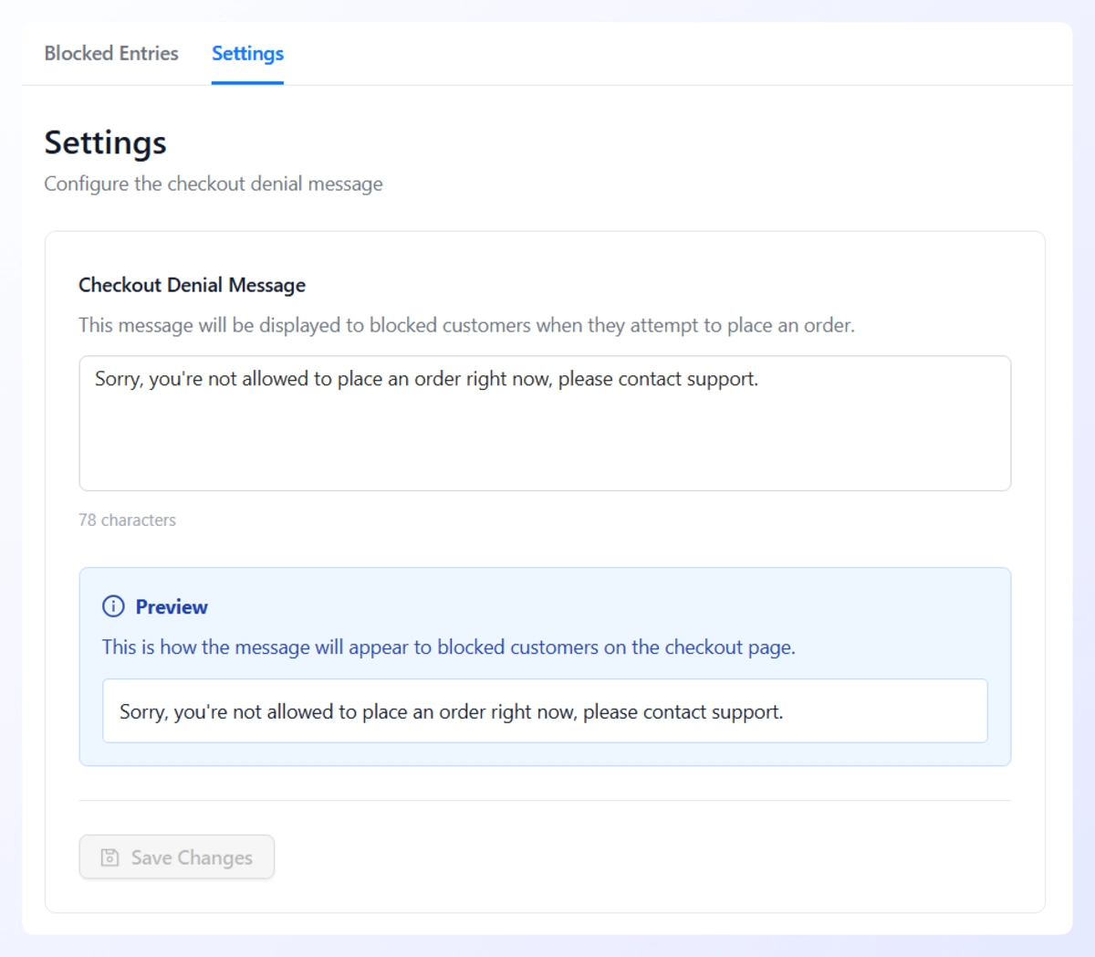 settings-Checkout-guard-woocommerce - WC Vendors Checkout Guard Settings tab with the Checkout Denial Message field