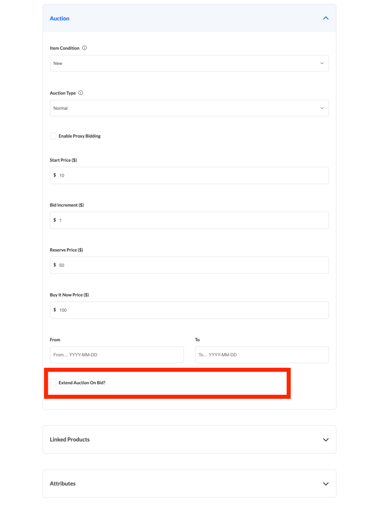 wc-vendors-auction-extend_bid-auction_tab - WC Vendors Vendor dashboard product edit screen with the Auction tab selected, showing the full list of auction fields including Extend auction on bid?.