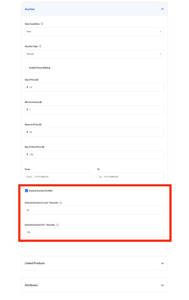 wc-vendors-auction-extend_bid-auction_tab-enabled__filled - WC Vendors The Extend auctions in last * seconds. and Extend auctions for * seconds. fields filled in with example values of 60 and 120.