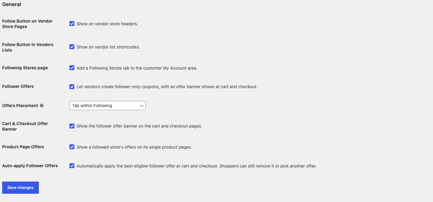 wc-vendors-engage-settings-general-section - WC Vendors The General section of the Engage tab, showing all eight settings, including the follow button toggles, Follower Offers, the Offers Placement dropdown, and the cart and product page offer options