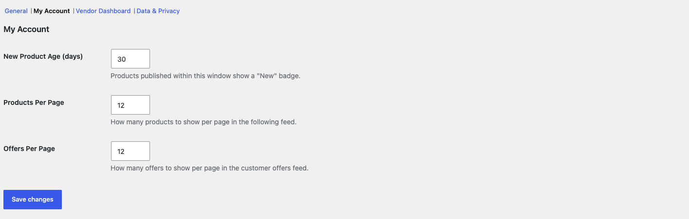 wc-vendors-engage-settings-my-account-section - WC Vendors The My Account section of the Engage settings tab, showing the New Product Age, Products Per Page, and Offers Per Page fields