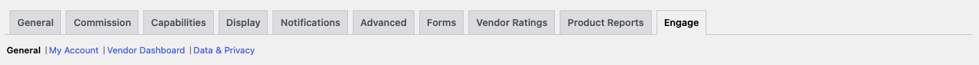 wc-vendors-engage-settings-nav-my-account - WC Vendors The WC Vendors Settings page with the Engage tab selected, showing the sub-sections: General, My Account, Vendor Dashboard, and Data & Privacy