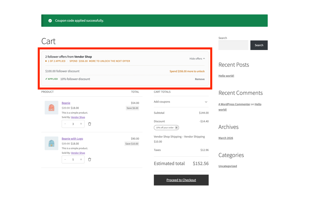 wc-vendors-engage_cart-offers - WC Vendors Cart page follower offer banner expanded, showing an achievable state with one offer marked Applied with a Remove button, and one locked offer showing a "Spend $X more to unlock" message. No offer should show a Best offer badge alongside an Applied one, since the two never appear together.
