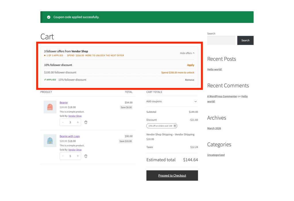 wc-vendors-engage_cart-offers-auto-apply - WC Vendors Cart page showing a follower offer banner with the discount amount and Apply button on another eligible offer.