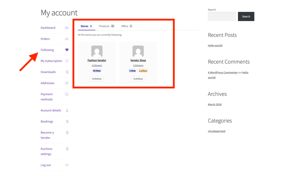 wc-vendors-engage_my-account_following - WC Vendors My Account → Following tab showing a grid of store cards with logos, names, follower counts, and new product badges