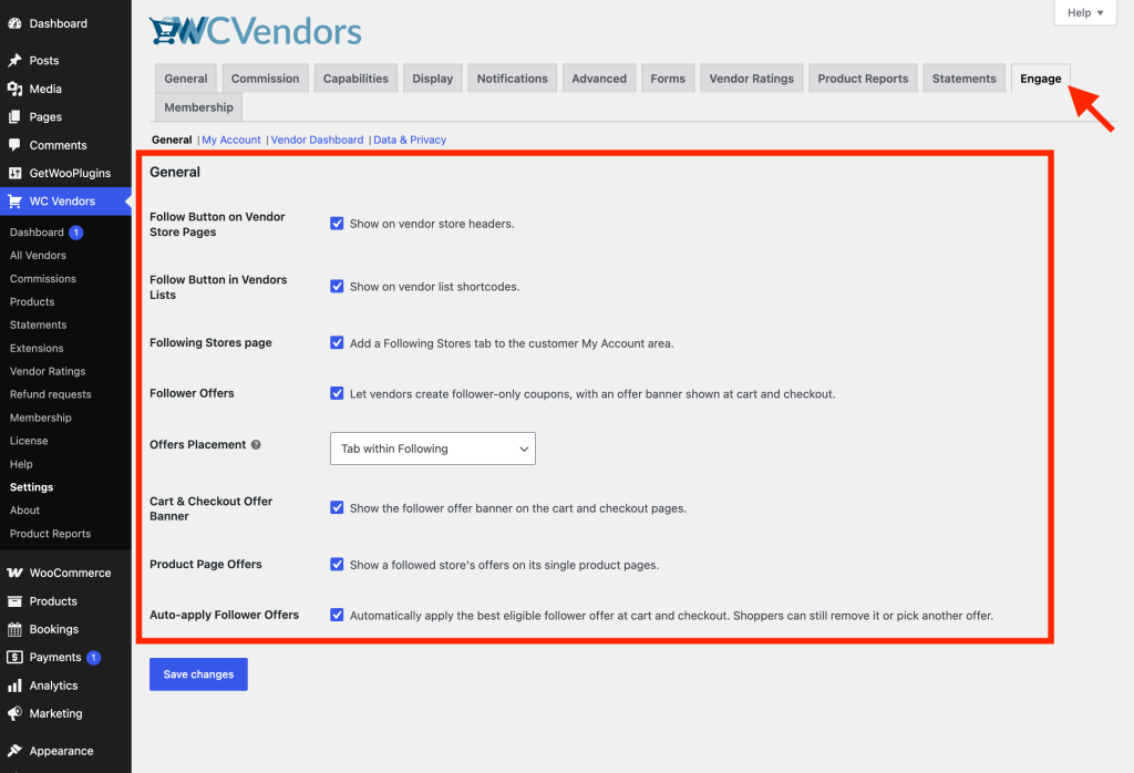 wc-vendors-engage_settings-general - WC Vendors WC Vendors → Settings → Engage tab showing the General section with all toggles set to enabled.