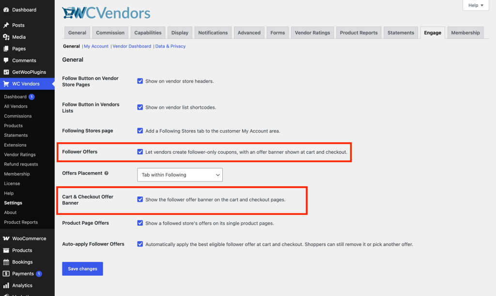 wc-vendors-engage_settings-general - WC Vendors Both Follower Offers option and Cart & Checkout Offer Banner option should be enabled.