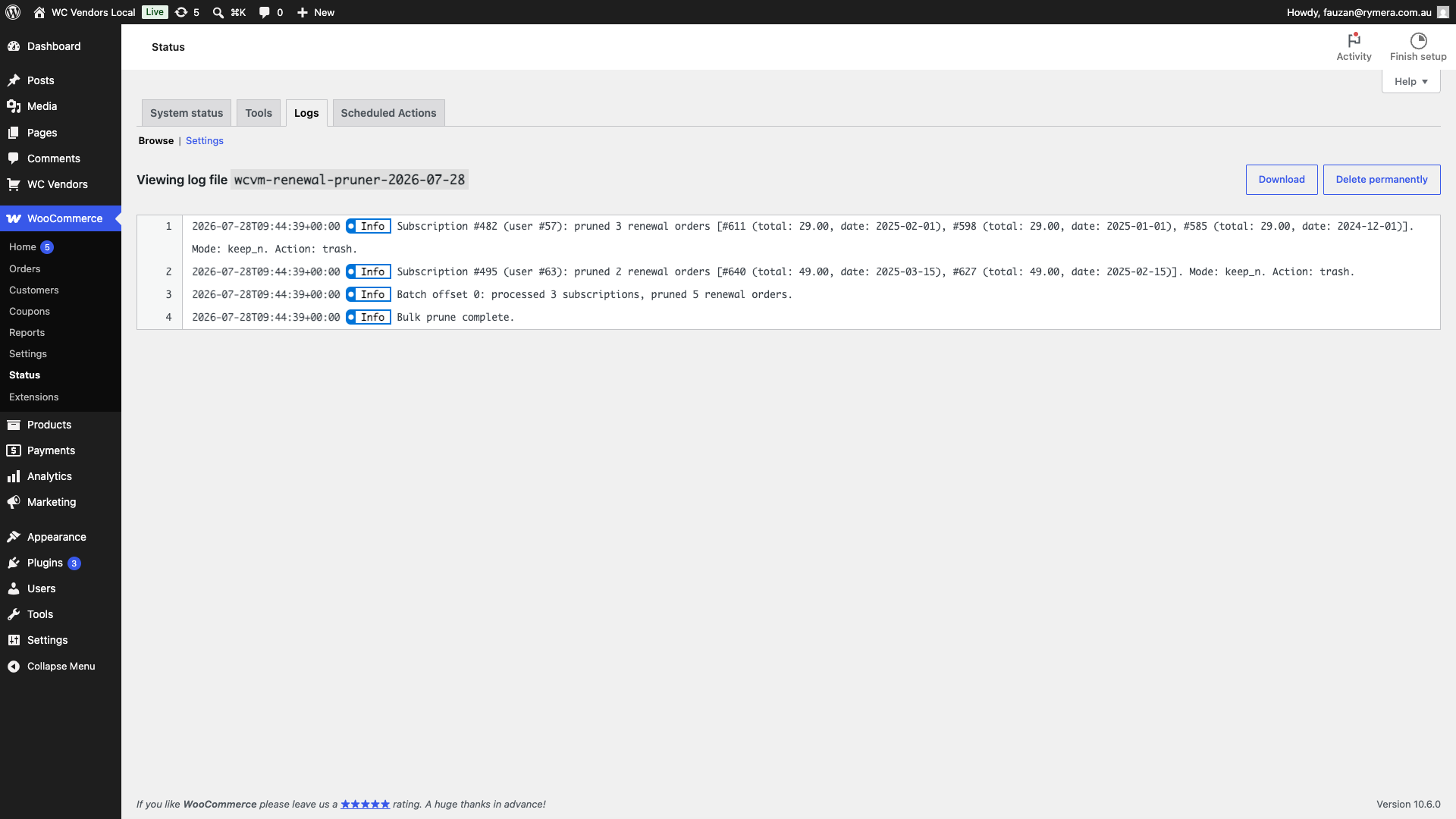 wc-vendors-membership-renewal-pruning-log - WC Vendors WooCommerce Status Logs viewing the wcvm-renewal-pruner log file, showing pruning entries with subscription IDs and the renewal orders that were trashed