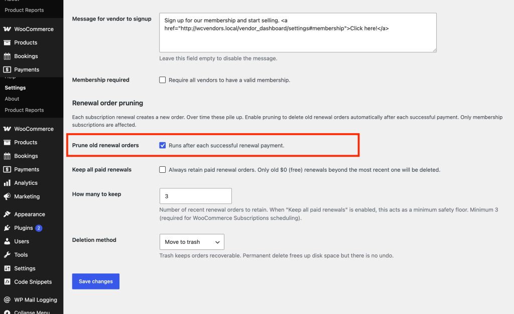wc-vendors-membership_prune-orders-settings - WC Vendors WC Vendors Membership settings page showing the Renewal order pruning section with the Prune old renewal orders checkbox enabled
