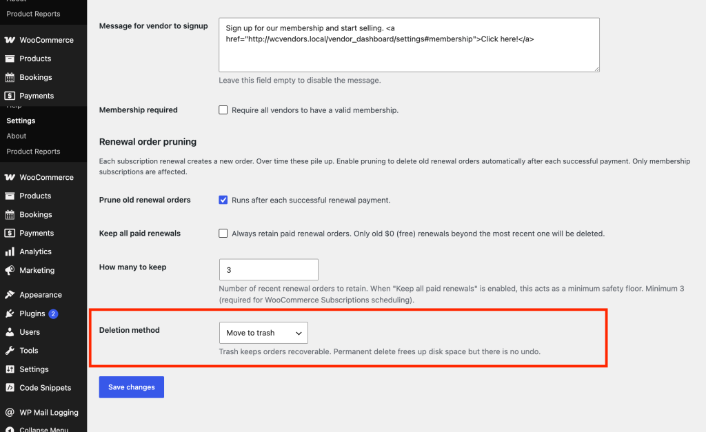 wc-vendors-membership_prune-orders-settings-deletion - WC Vendors Renewal order pruning section showing all four settings with Keep all paid renewals, How many to keep set to 3, and Deletion method set to Move to trash