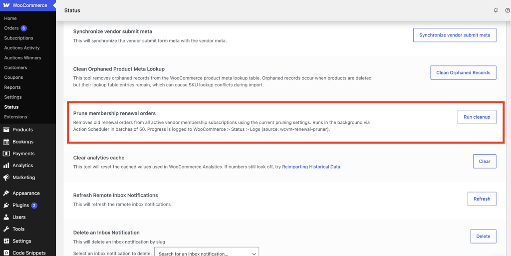 wc-vendors-membership_prune-orders_wc-tools - WC Vendors WooCommerce Status Tools page with the Prune membership renewal orders tool visible and the Run cleanup button