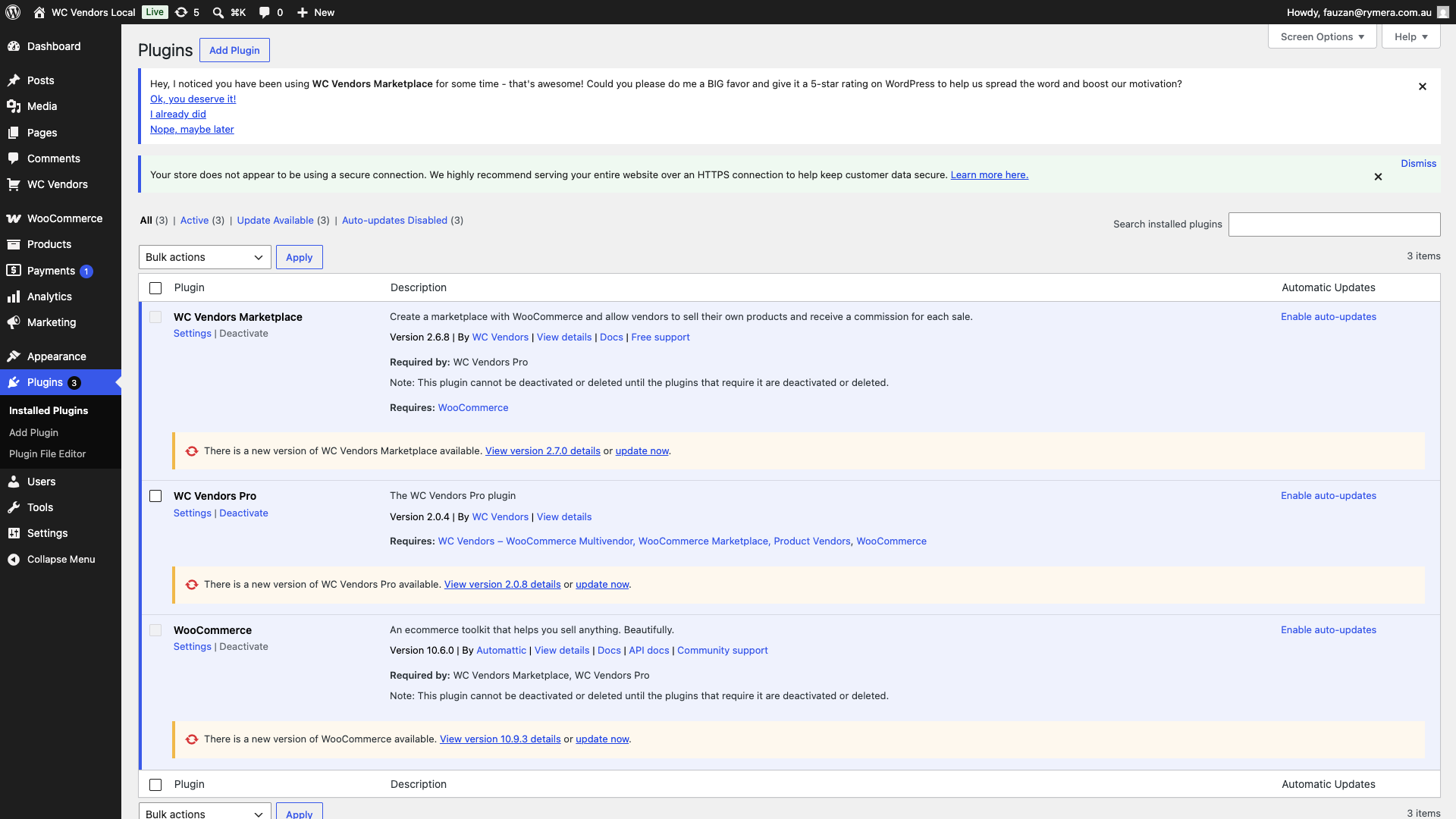 wc-vendors-plugins-list-marketplace-update-notice - WC Vendors The Plugins list showing the WC Vendors Marketplace row with the update notice and update now link visible