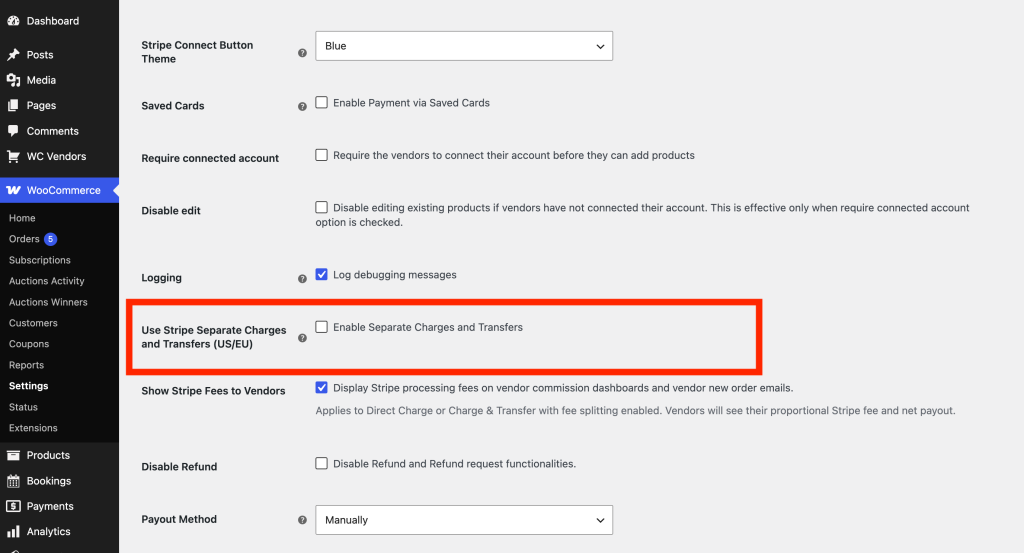 WooCommerce Payments tab with the Stripe Connect settings, showing the "Use Stripe Separate Charges and Transfers (US/EU)" checkbox.