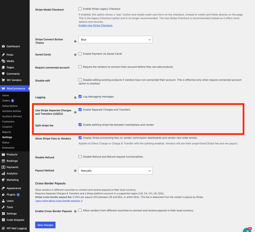 Stripe Connect settings showing the "Split stripe fee" and "Show Stripe Fees to Vendors" checkboxes