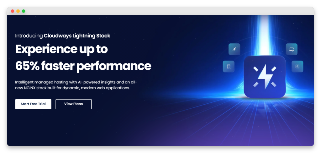 Hero banner for Cloudways Lightning Stack: bold headline 'Experience up to 65% faster performance' with 'Start Free Trial' and 'View Plans' CTAs on the left and a blue lightning-icon graphic on the right.