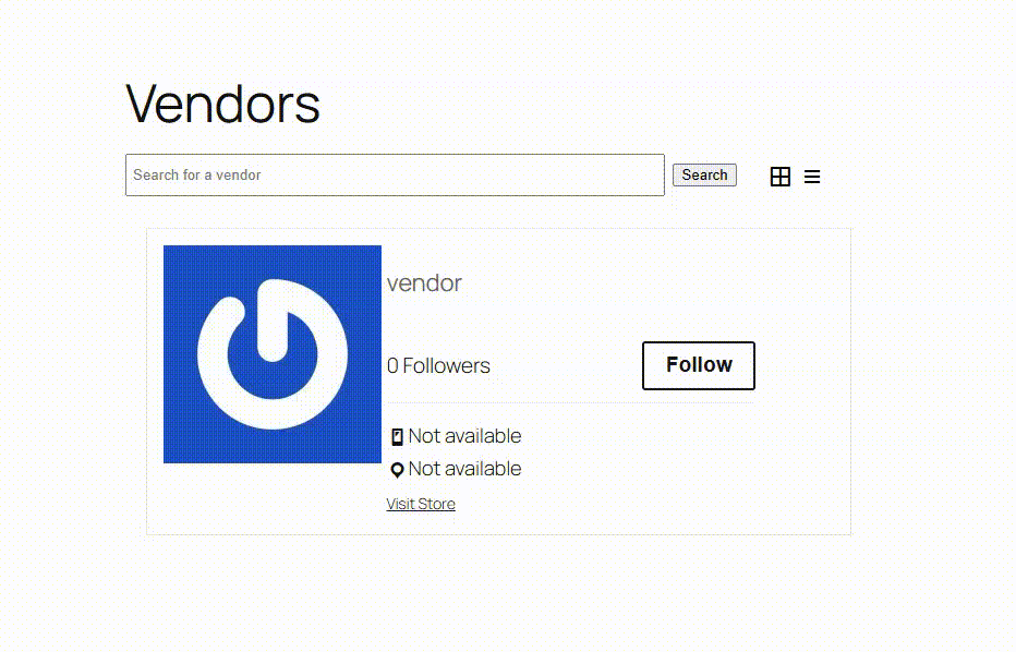 wcv-enage-follow-account - WC Vendors Vendor card with blue logo, name'vendor', 0 followers, a Follow button, and Visit Store link.