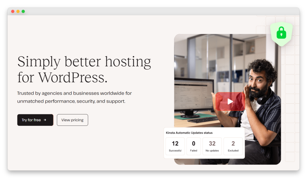 Hero banner promoting WordPress hosting: left-aligned headline with a video thumbnail on the right and a status widget showing update counts.