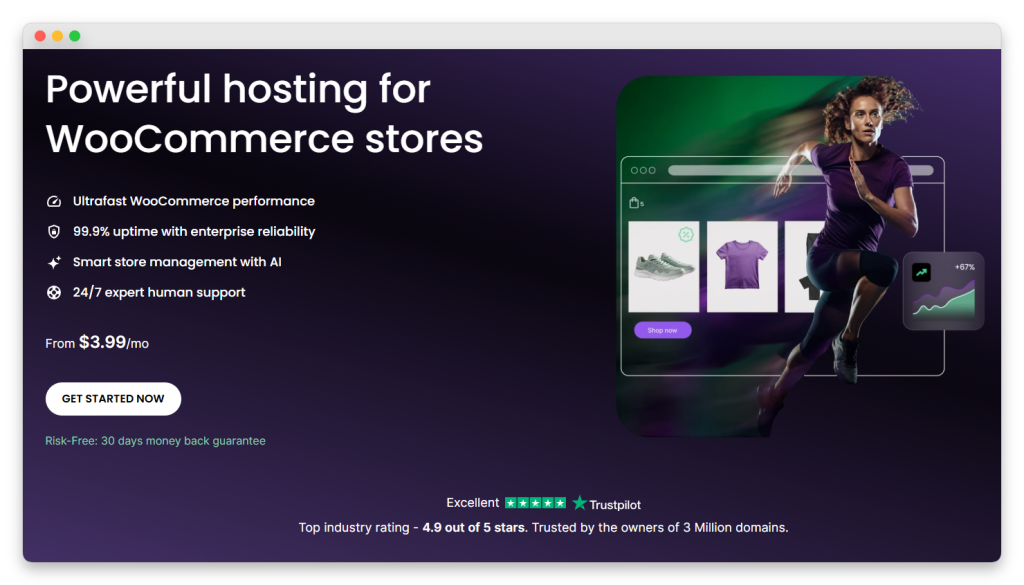 Hero banner for powerful WooCommerce hosting with features: uptime, AI store management, 24/7 support; shows pricing From .99/mo and a Get Started Now button.