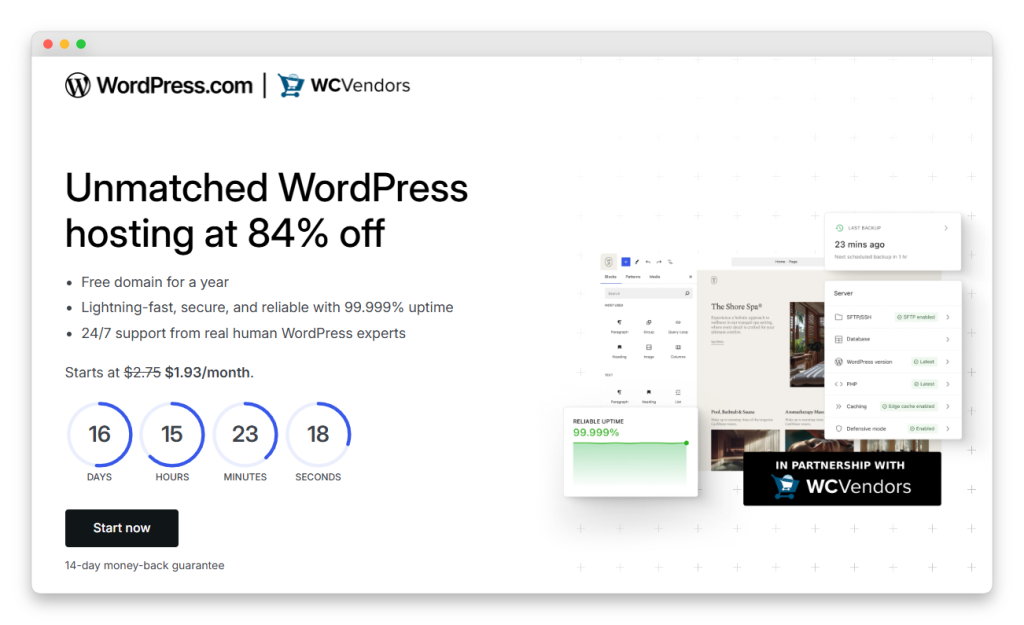 WordPress hosting hero: left-aligned headline 'Unmatched WordPress hosting at 84% off' with bullet features and a black 'Start now' button; right side shows dashboard mockups and a WC Vendors badge.