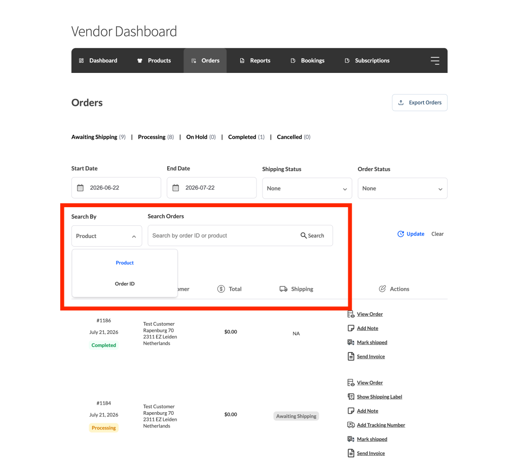 Vendor Dashboard Orders page showing the "Search by" dropdown with only "Product" and "Order ID" options