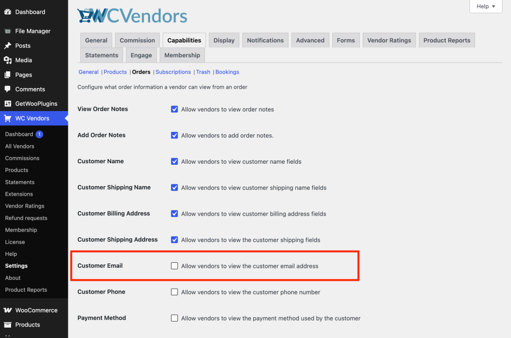 The Customer Email option is found under Settings → Capabilities → Orders.