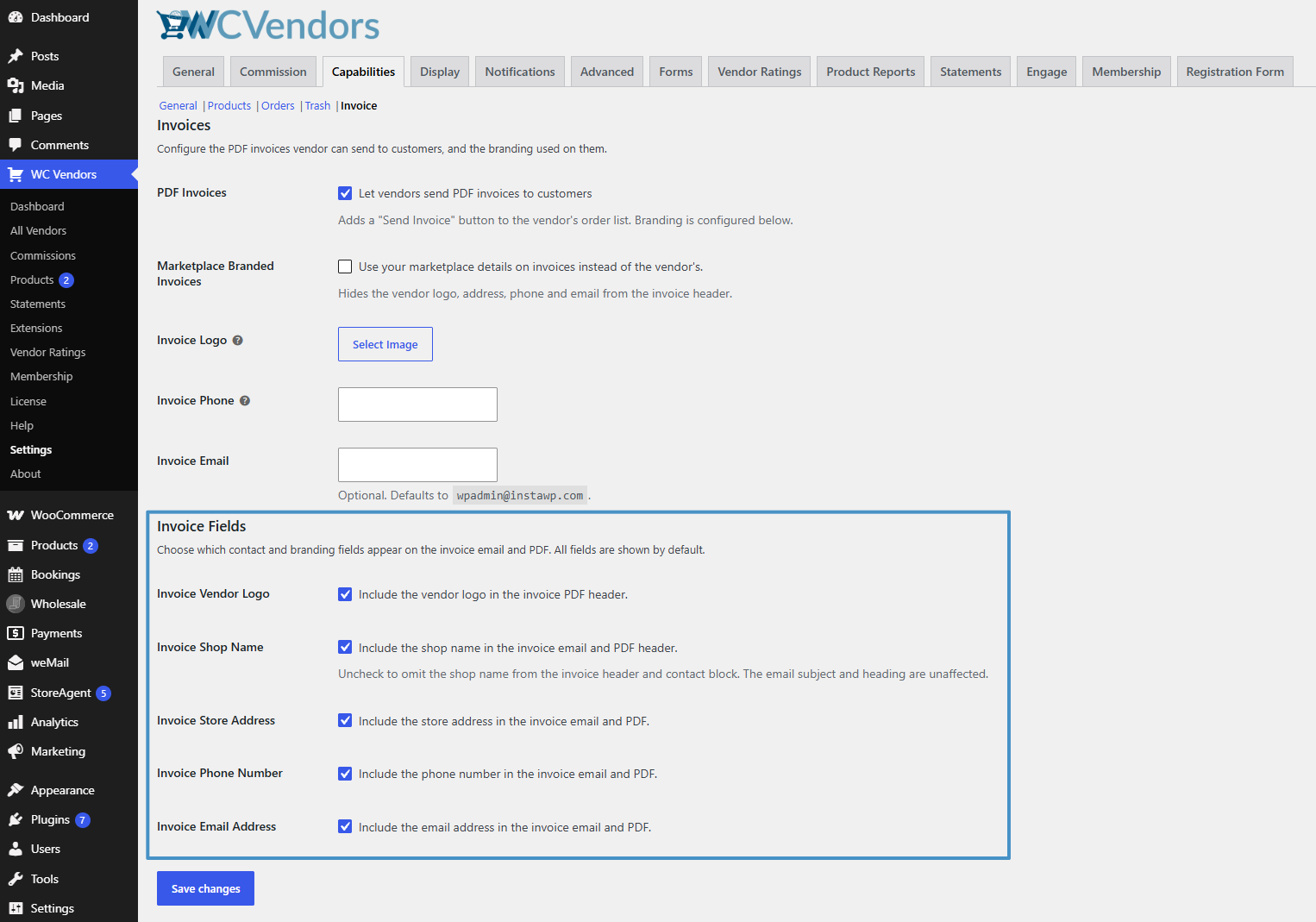 screencapture-melanie-reserved-instawp-xyz-wp-admin-admin-2026-08-26-11_59_19 - WC Vendors WC Vendors dashboard showing Capabilities tab with Invoice options and settings panel in focus.