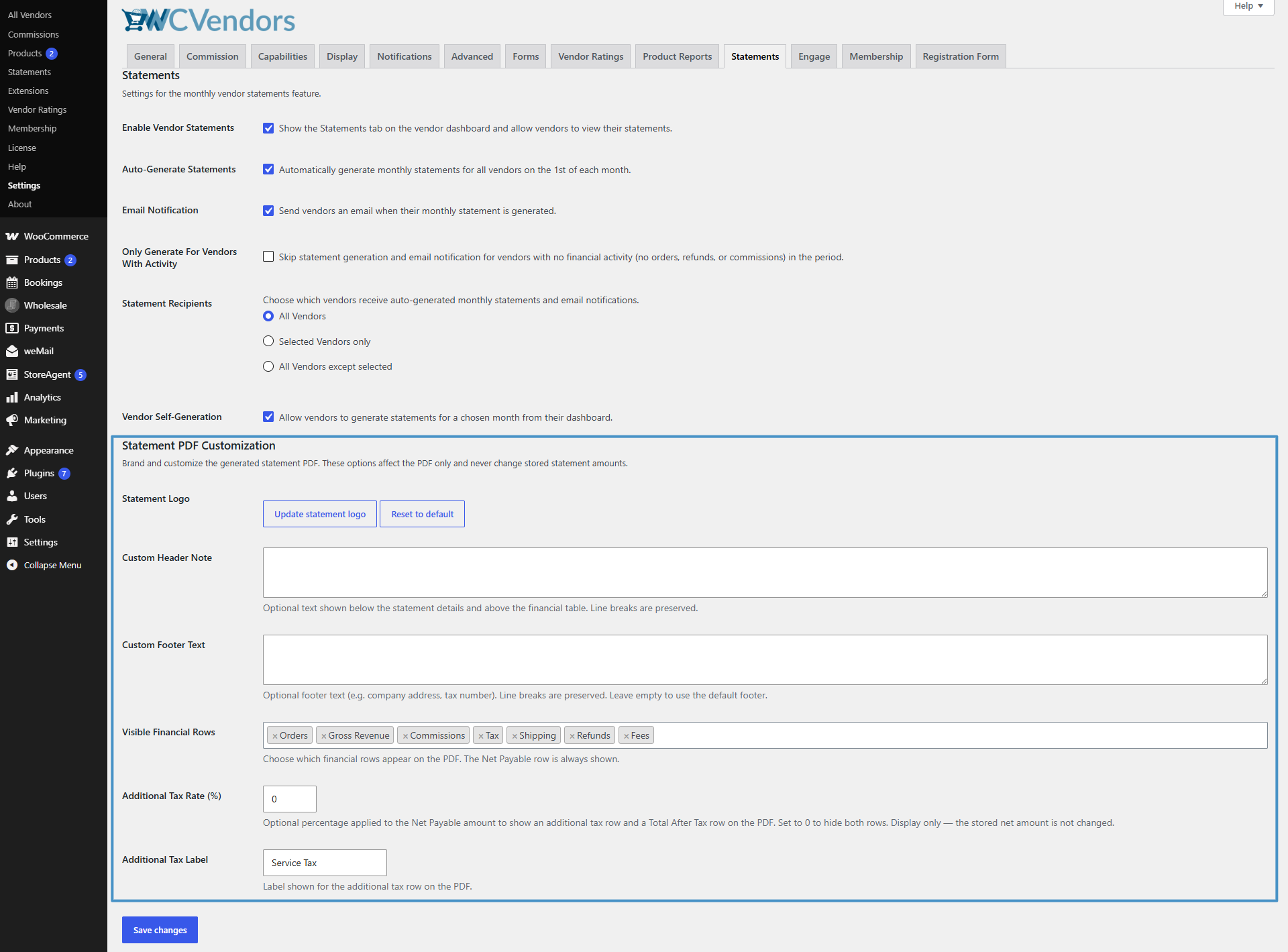 screencapture-melanie-reserved-instawp-xyz-wp-admin-admin-2026-08-26-12_07_57 - WC Vendors Screenshot of WC Vendors Statement PDF Customization settings in WordPress admin, showing logo, header, and footer options.