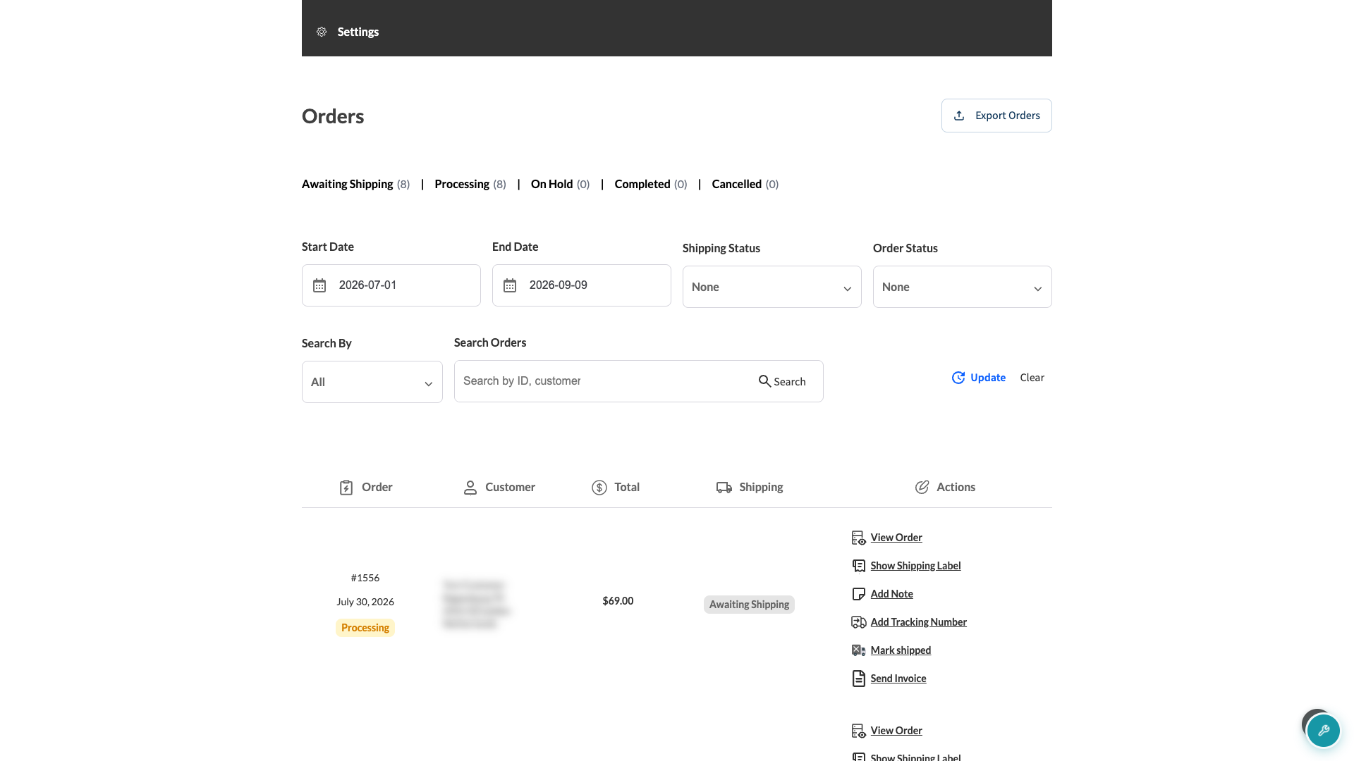 wc-vendors-dashboard-orders-filtered-by-status - WC Vendors Page Commandes du tableau de bord vendeur de WC Vendors montrant le tableau des commandes filtré selon les statuts sélectionnés