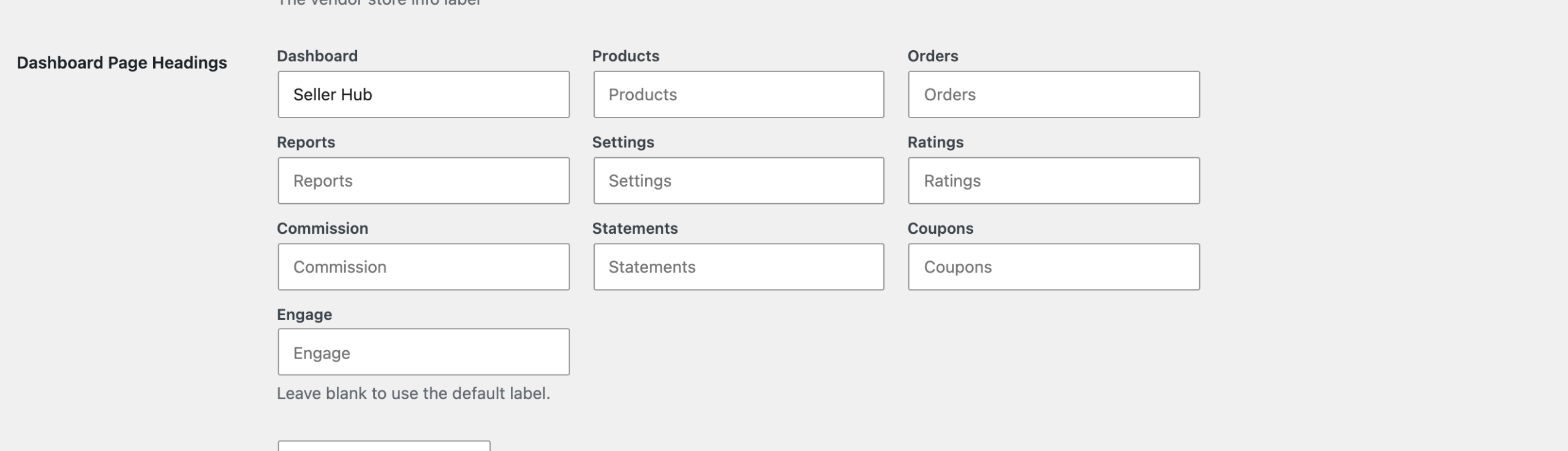 wc-vendors-display-labels-dashboard-page-headings - WC Vendors Display Labels settings showing the Dashboard Page Headings fields with Seller Hub entered for the Dashboard page