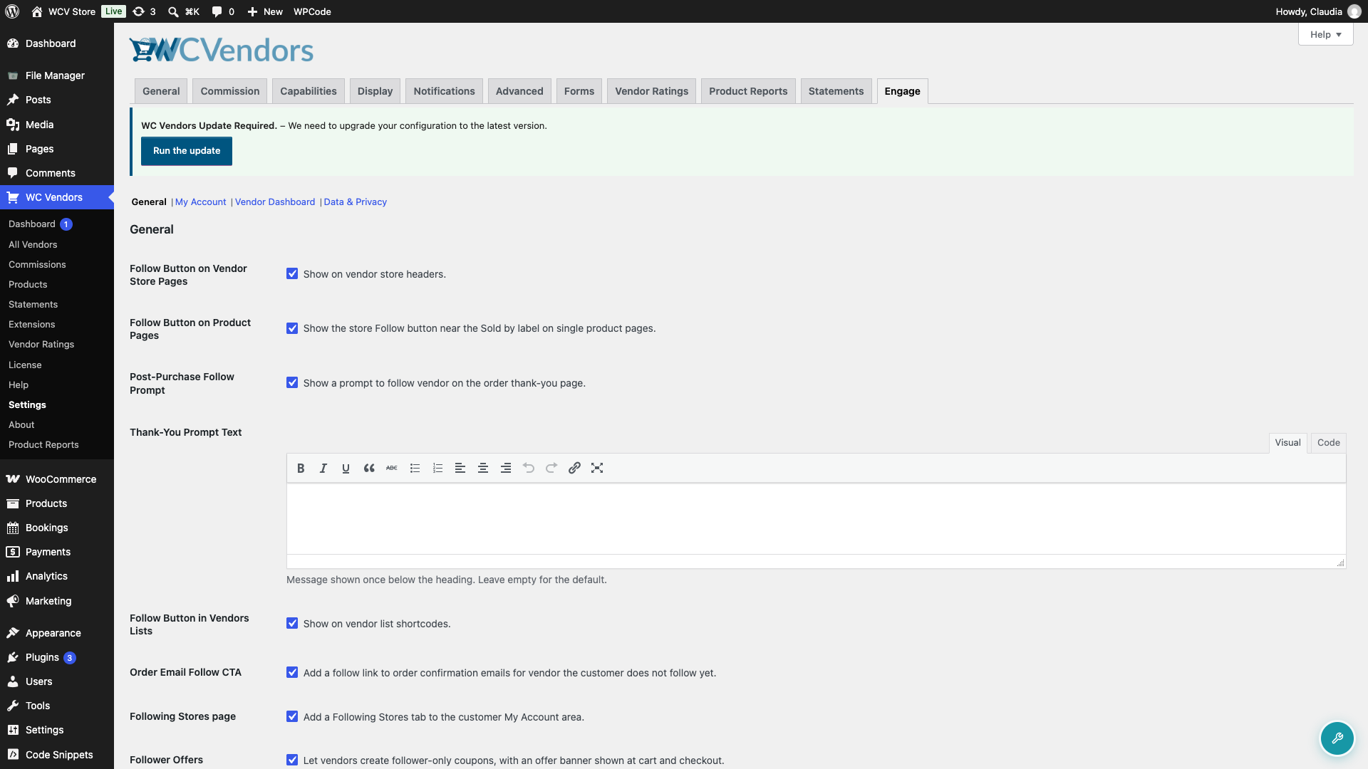 wc-vendors-engage-follow-vendor-settings-all-toggles - WC Vendors WC Vendors Instellingen, tabblad Engage, Algemene sectie met alle vier de instellingen voor de Volgknop, inclusief Volgknop op Productpagina's en Prompt na aankoop om te volgen